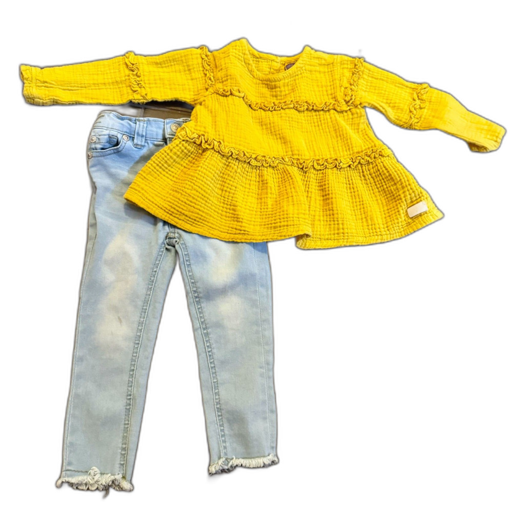 7 For All Mankind Mustard Yellow Long Sleeve Tiered Cotton Top & Jean Set 24M